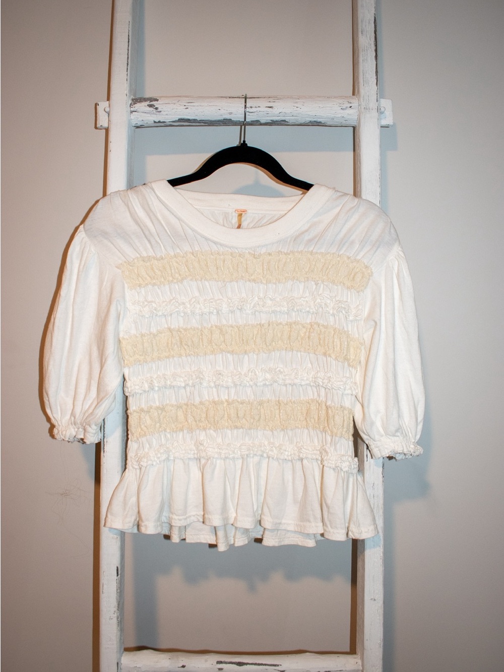 Free People White and Cream Smocked Peplum Top
